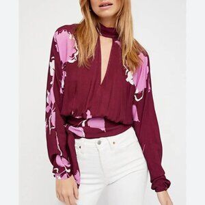 NWT Free People Say Love Me Floral Wrap Top, Plum/Pink, XS